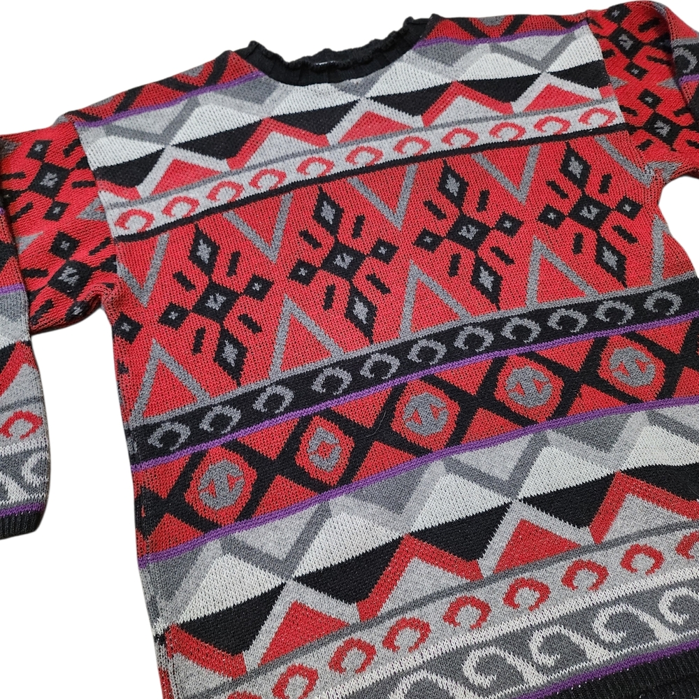 Vintage 90s Vibrant Geometric Crewneck Knit Sweater for Men Rare